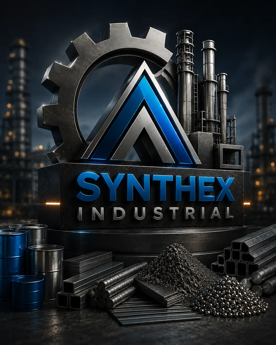 المجسم الثلاثي الأبعاد لهوية SYNTHEX Industrial مع المصنع والمواد المعدنية
